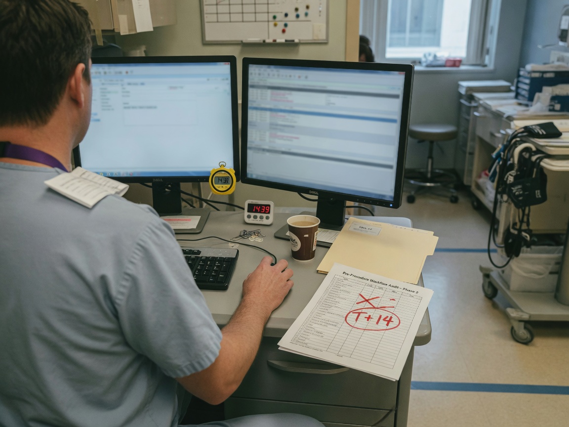 Clinic staff timing a workflow at dual monitors with a paper checklist marked in vermilion