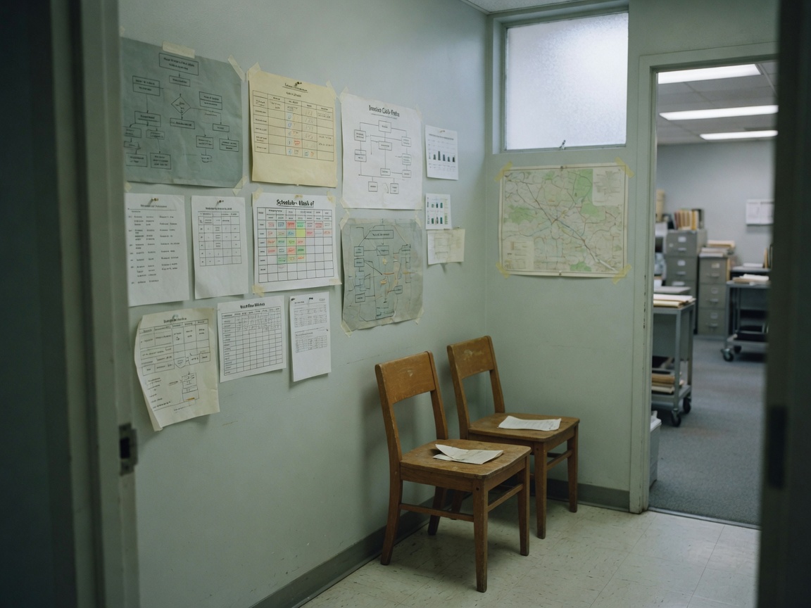 Small evaluation room with two wooden chairs and workflow maps on the wall, door open to a practice ops floor